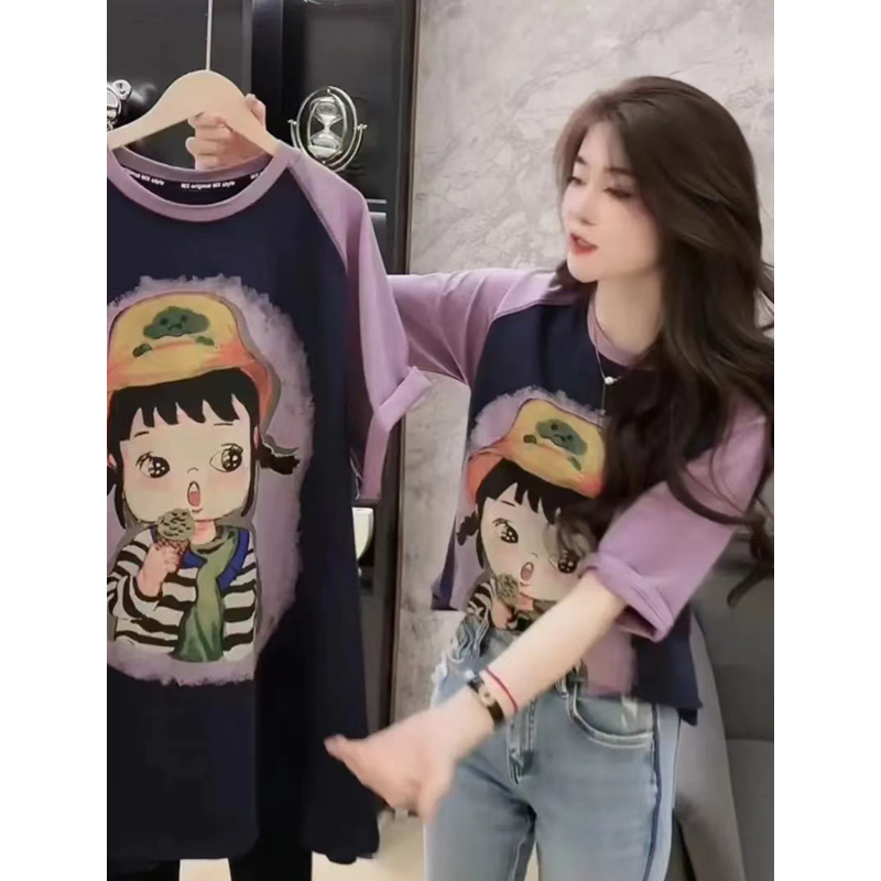 European Goods Contrast Color Raglan Sleeve Cartoon Print round Neck T-shirt Female Easiest for Match Plus Size Ladies Plus Size Short Sleeve Tops 100.15kg 00