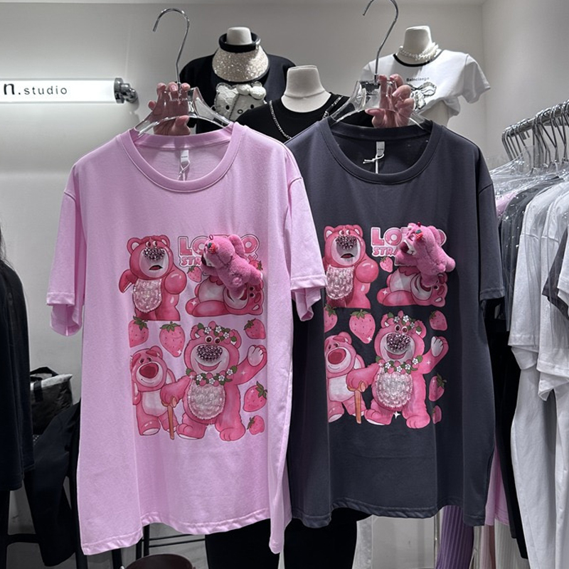 Pure Cotton Plus Size Ladies 1.00 Kg-150.00 kg Plus Size Summer Stylish Pink Detachable Bear Loose Mid Length Long Length Short Sleeve T-shirt for Women