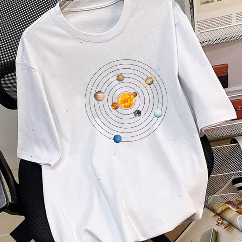 Extra Large Size 1.00 Kg-150.00 kg 2024 Summer Plus Size Ladies K-style Loose Slim Looking Cartoon Planet Print Short Sleeve T-shirt Female Fashion