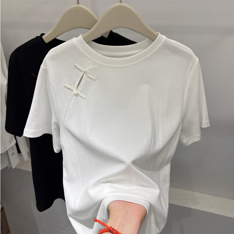 Chubby Girl Plus Size 1.00 Kg-150.00 kg Stylish New Chinese T-shirt Short Sleeve Female round Neck Chinese Knot Button Loose All-Matching Graceful Tops