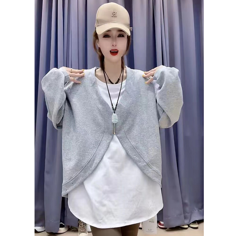 European Goods Extra Large Size 1.00 Kg-150.00 kg French Large V-neck Stylish Sweatshirt Women's Loose Cardigan Zipper Chic Tops Fashion