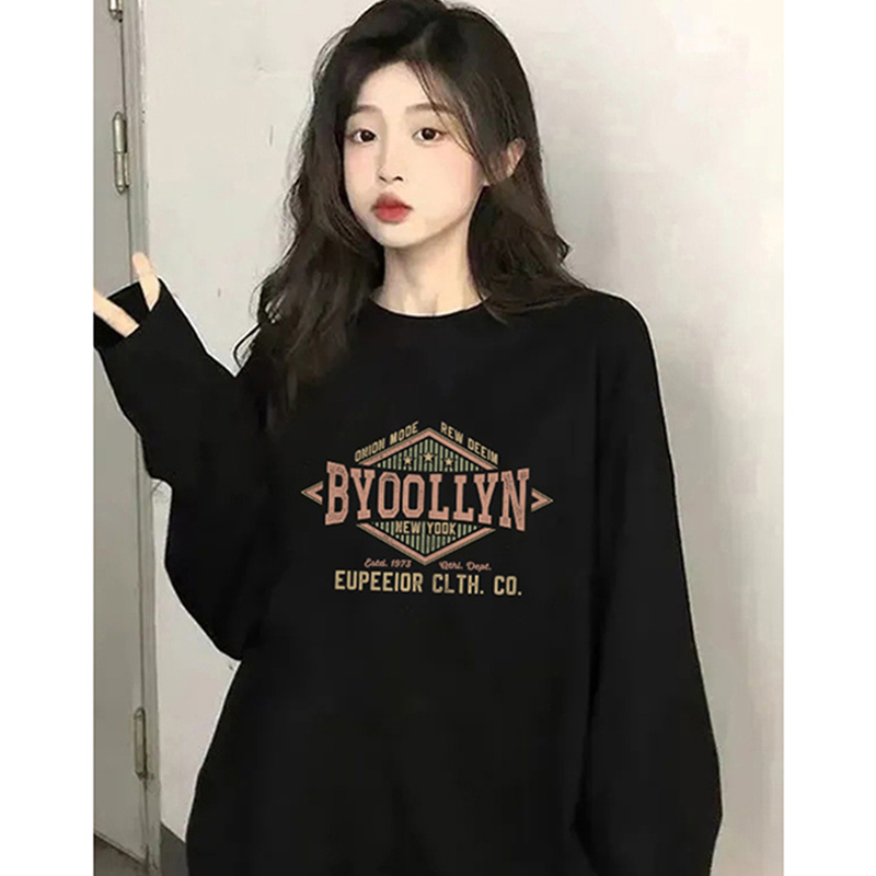 Fat mm 100.00kg Plus Size 2024 Fall and Winter New Lazy Wind round Neck T-shirt Female Loose Slim Looking Printed Long-Sleeved Top