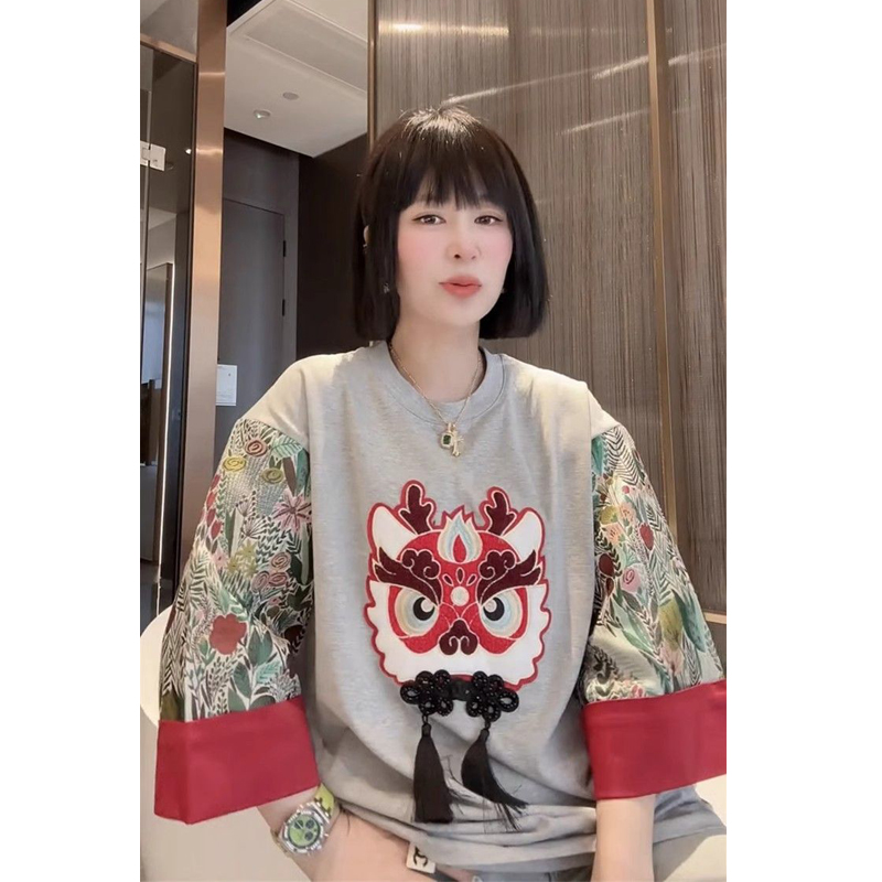 over Plus Size 1.00 Kg-150.00 kg Plus Size Ladies Dragon Year New Chinese Style Short Sleeve Loose T-shirt Female Early Spring New Arrival Western Style Top
