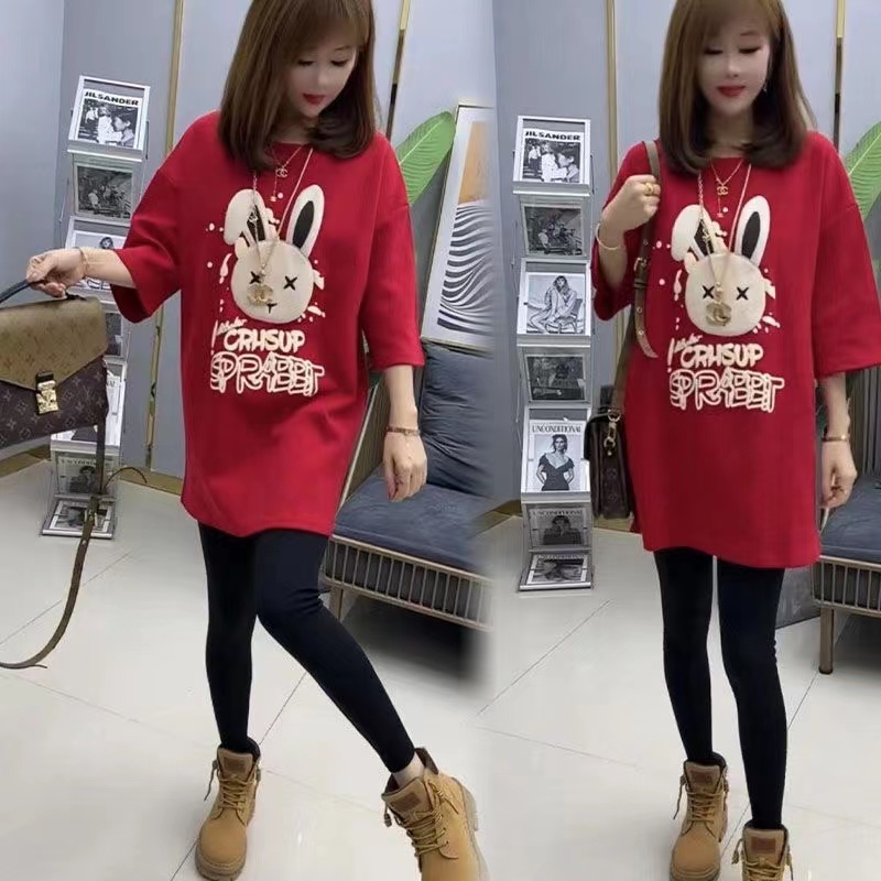 Chubby Girl Extra Large Size 1.00 Kg-150.00 kg Cartoon Rabbit Print Pure Cotton Short Sleeve T-shirt Female Fashionable Stylish Fat Hiding Top Fashion