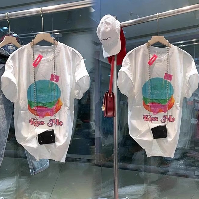 150.00kg Extra Large Size New Arrival Fashionable Cartoon Pure Cotton Short-Sleeved T-shirt Women's Clothing Chubby Girl All-Matching Youthful-Looking Half Sleeve T-shirt Fashion