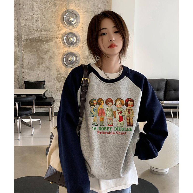 Plus Size American Retro Japanese Style Raglan Sleeve Sweatshirt Female Loose Ins Trendy Cartoon Sweet Cool Stylish Easiest for Match Tops