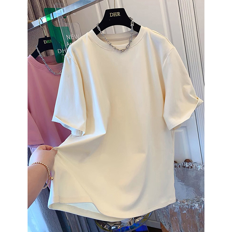 Plus Size Ladies 1.00 Kg-150.00 kg Plus Size Pure Color Loose Short Sleeve T-Shirt Female Summer Pure Cotton Fancy Slim Looking Belly-Covering Coat