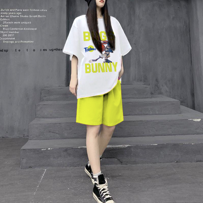 Extra Large Size 1.00 Kg-150.00 kg Plus Size Ladies New Cartoon Print Casual Short Sleeve T-Shirt Suit Women's Summer Shorts Two-piece Set