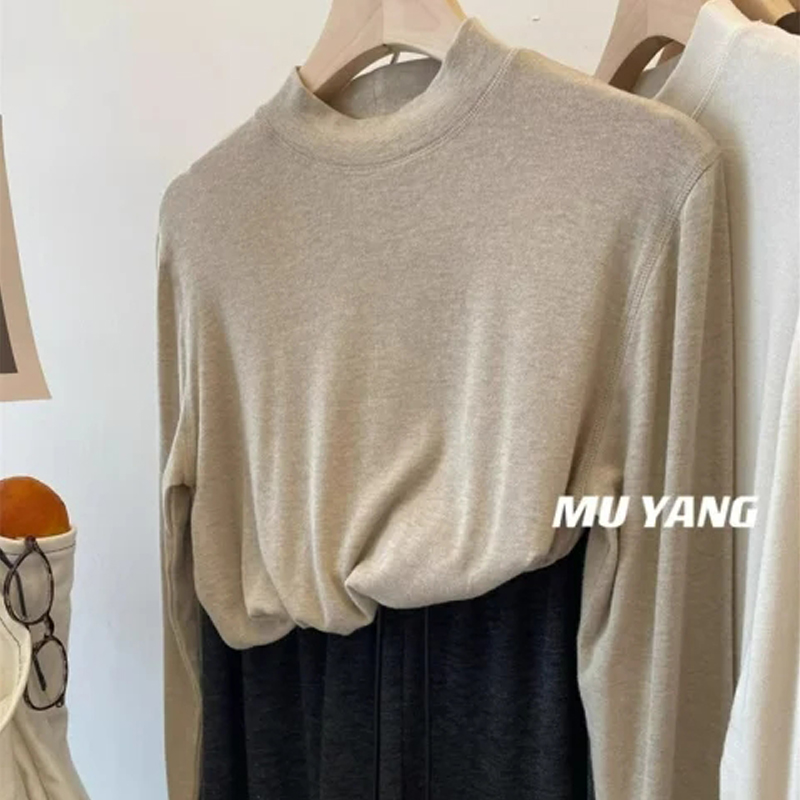 Fat Girl 100.00kg Plus Size K-style Minimalist Inner Wear Fall and Winter Stand Collar Half Seam Long Sleeves Stretch Bottoming Shirt T-shirt for Women