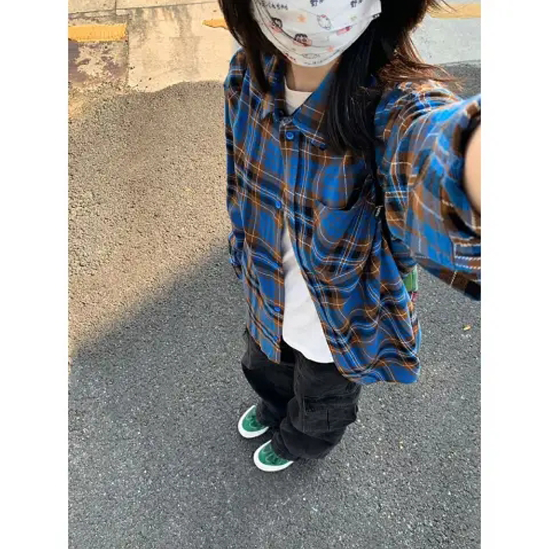 Plus Size Ladies K-style Blue Gingham Shirt Coat Female 2024 New Arrival Loose and Lazy Style Chic Long Sleeve Shirt Top