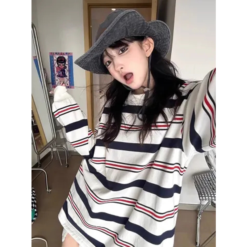 Super Plus Size Fat mm 150.00kg Vintage Stripe Sweatshirt New Design Sense Niche Loose Casual Women's Top Trendy