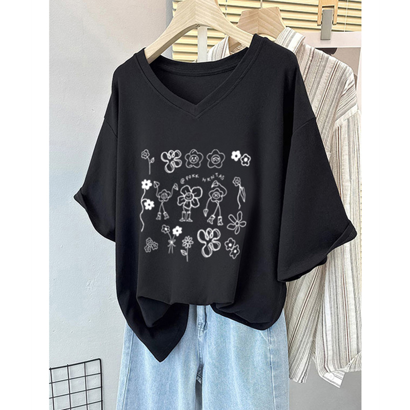 Plus Size Plus Size Ladies Shoulder V Neck Pure Cotton Short Sleeve 2024 New Arrival Summer Loose Slimming and All-Matching Flab Hiding Casual Tops