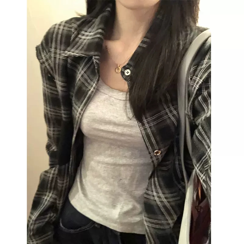 Brushed American Retro Plaid Shirt Women's Coat Spring & Fall 2024 Plus Size New Long Sleeve Top Fancy Shirt