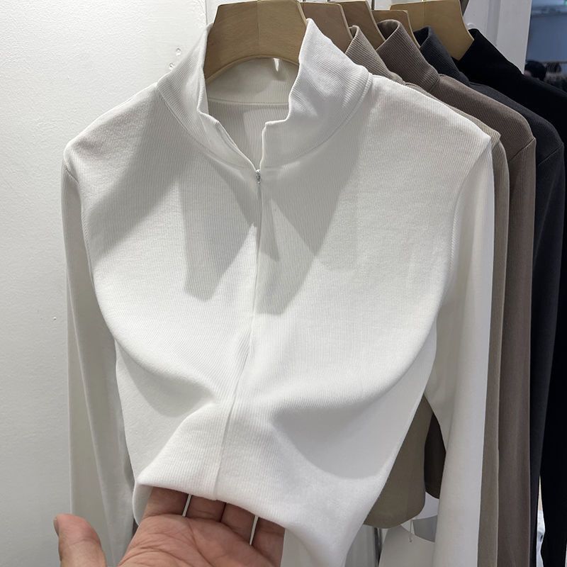 Plus Size Turtleneck Bottoming Shirt for Women Spring & Fall 2024 New Arrival Fashion Zipped Stand Collar Slim Fit Long-Sleeved T-shirt Inner Wear Blouse