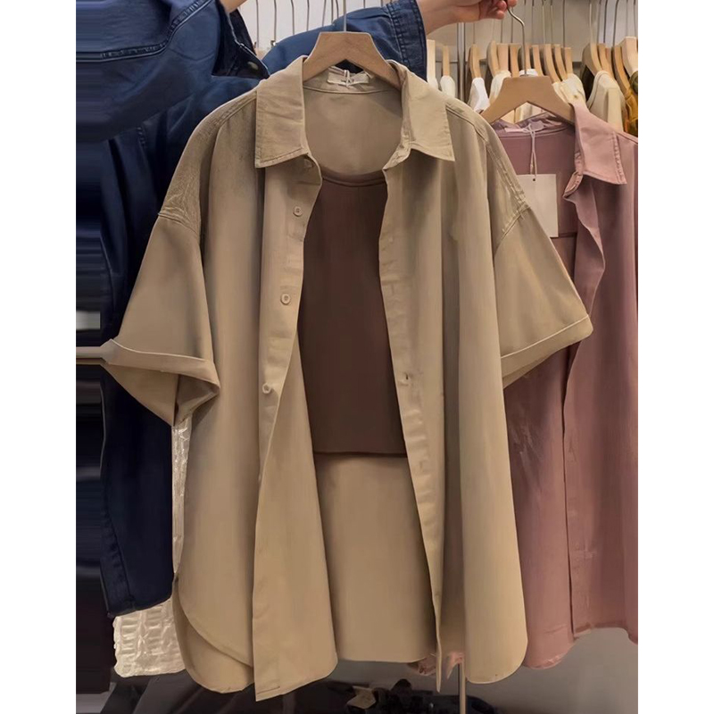 Extra Large Size Plus Size Ladies 1.00 Kg-150.00 kg Hong Kong Style Ins Lapel Short Sleeve Spring and Summer Simplicity Loose Retro Easy Matching Cardigan Shirt