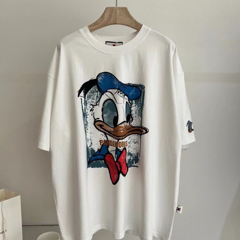 100.00kg Plus Size European Products Women's Clothes 2024 Spring/Summer New Cartoon Print Mid Length Long Length Loose Slim Looking Short Sleeve T-shirt for Women