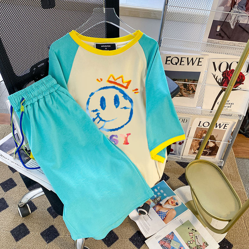 Extra Large Size Plus Size Ladies 1.00 Kg-150.00 kg Raglan Contrast Color Short Sleeve Two-piece Set Female Western Style Fashion Athleisure Suit Summer