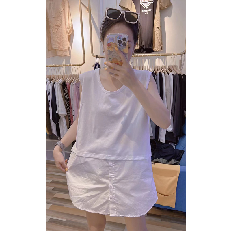 Extra Large Size 1.00 Kg-150.00 kg Easiest for Match Pure Color Sleeveless T-shirt Plus Size Ladies Patchwork Slit Lower Hem Mid-Length Shirt Vest for Women