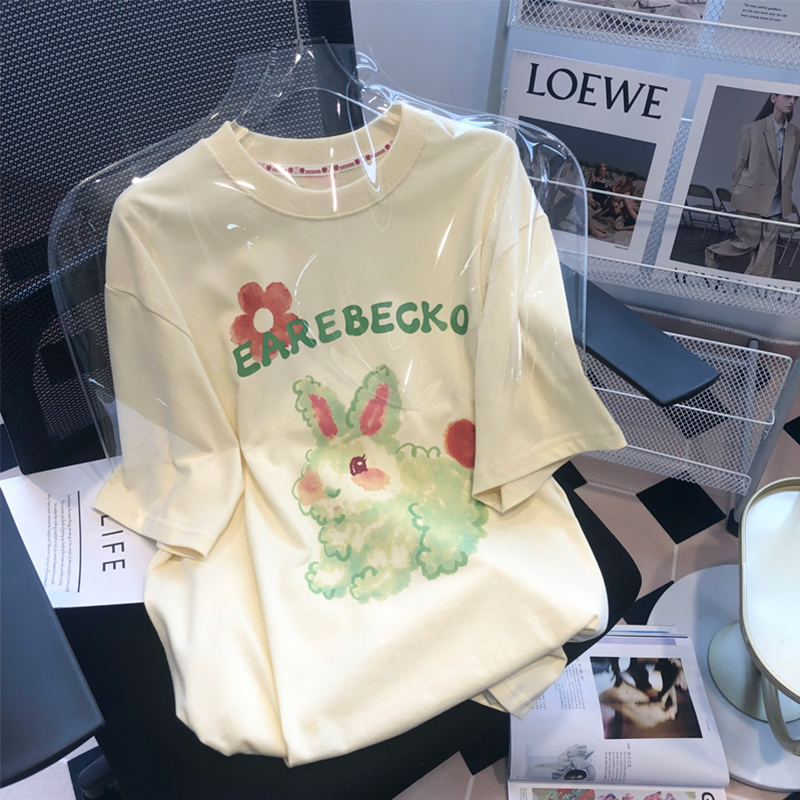 Pure Cotton Summer Dress 2024 New Arrival Plus Size Women's Clothing Plus Size Ladies Short Sleeve T-Shirt Women's Loose Slim Looking Bunny Print Tops