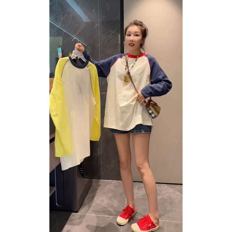European Style 2024 Summer New Simple Versatile Sun Protection Shirt - Contrast Color Raglan Sleeve Long Sleeve Shirt