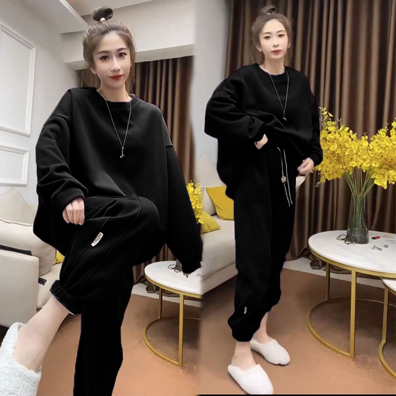 Chubby Girl Plus size 1.00 Kg-150.00 kg Winter New Fashion Brand Black Set Women's Sweater Sweatpants Fleece-lined Thickened Two-piece Set