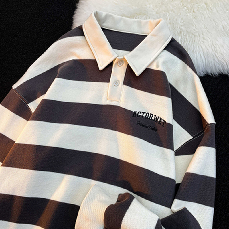 Plus Size 100.00kg Stripes Long Sleeves Polo Shirt Men and Women Ins Girlfriends Retro Loose Casual Preppy Style Couple Sweatshirt