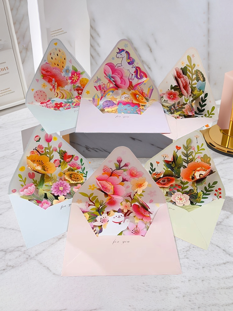 Full of Surprise Flowers Stereoscopic Greeting Cards Envelope Shape Neutral Blessing Creative Gratitude for Birthdays and Valentine's Days Teacher's Day