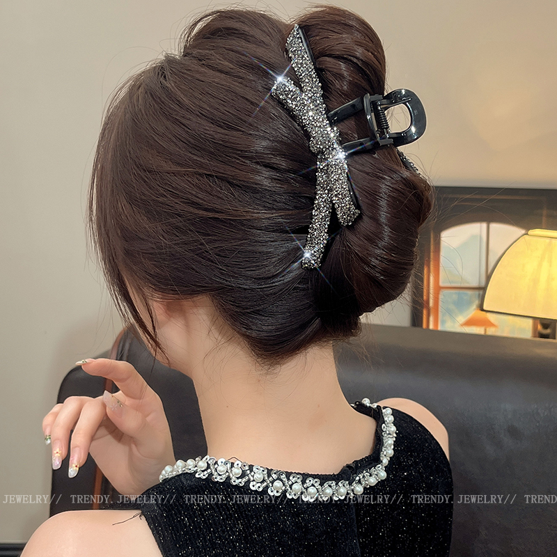 Black Star River Bow Claw Clip Female 2024 New Arrival Fancy over Rhinestone Hairpin Back Head Large Updo Hair Accessories