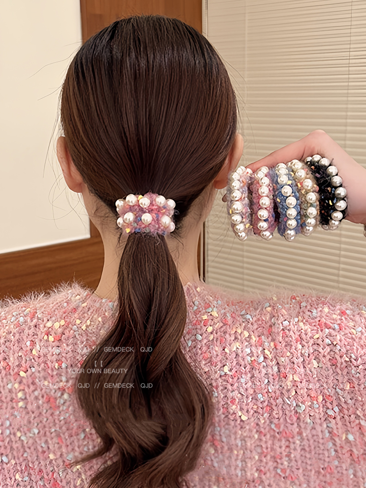 Fall and Winter Color Wool Pearl Hair Band Sweet Beauty High Ponytail Hair String Rubber Band Female Tie Ball Head Rope Rubber Band Headdress