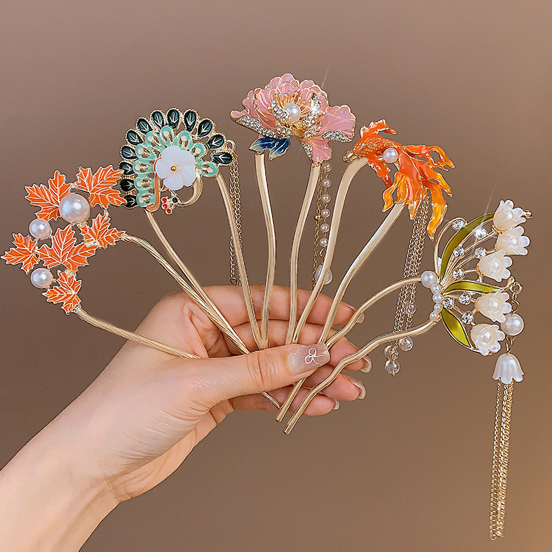 Chinese Ancient Style Lily U-Shaped Hair Pin Tassel Female Fancy Buyao Updo Hair Claw Hairpin Han Dynasty Horse-Face Skirt Headdress