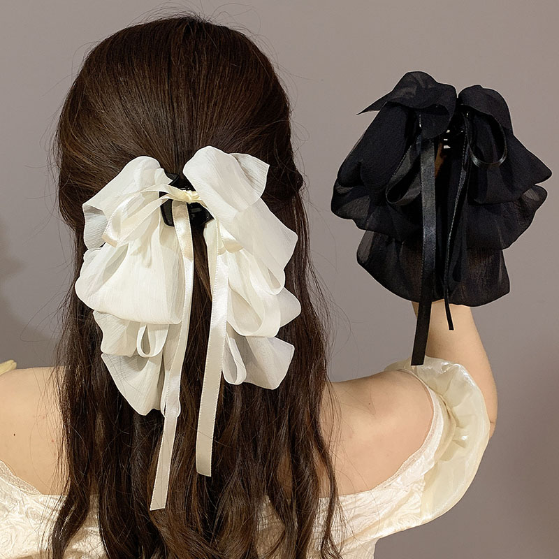 French Black Bow Claw Clip Female Back Head Shark Clip 2023 New Tassel Ribbon Hairpin Clip Headwear