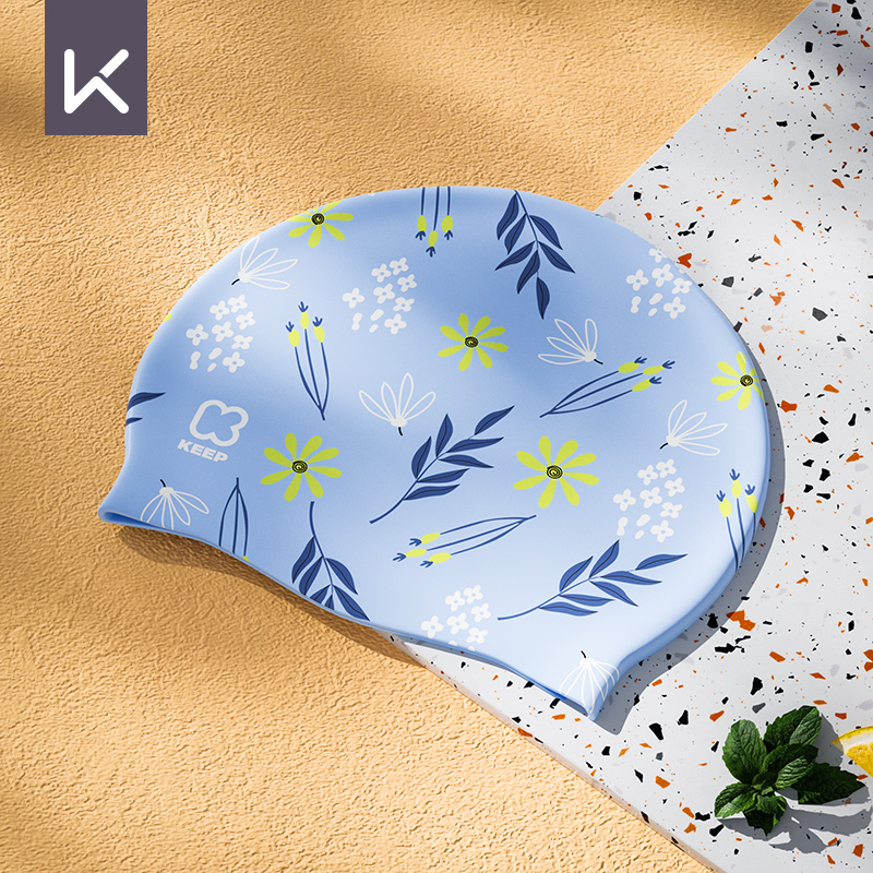 Keep Swimming Cap Female Not-Too-Tight Silicone Waterproof Fashion Print Plaid No. Long Hair plus Size Ear Protection Adult Swimming Cap