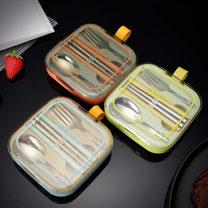 Stainless Steel Fork Spoon Spoon Chopsticks Chopsticks Sets Creative Foldable Tableware Student Camping Portable Spoon Chopsticks Three-Piece Set