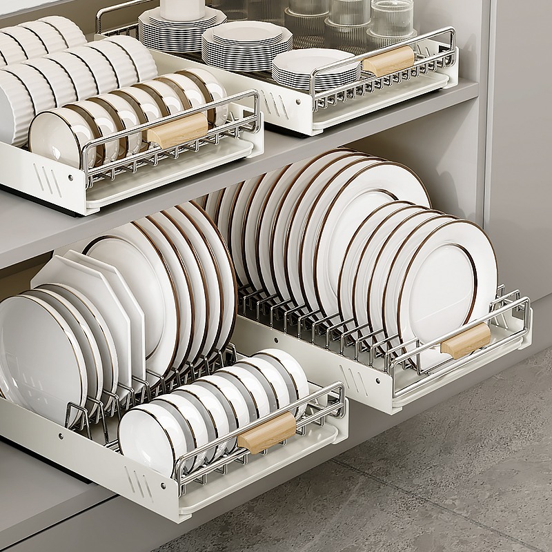 Stainless Steel Ins-Style Guide Rail Kitchen Pull-out Bowl and Dish Storage Rack Cabinet Pull-out Bowl Rack Drawer-Type Bowl and Dish Pull