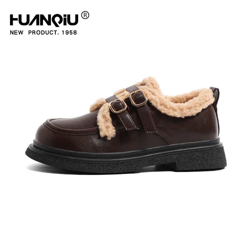 Universal Fleece-Lined Leather Shoes Women's Outwear Autumn and Winter 2024 New British Style Cotton-Padded Shoes Fluffy Shoes Loafers Winter