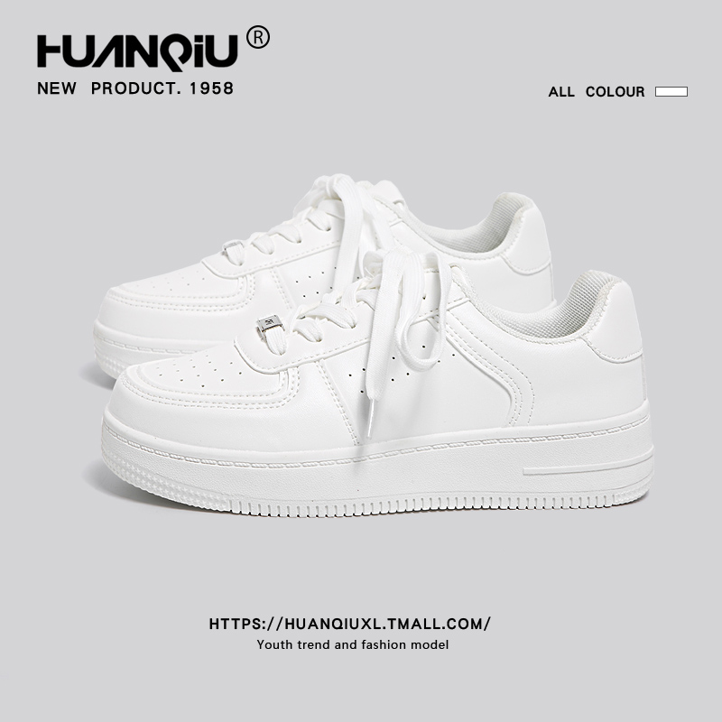 Huanqiu White Shoes Women's New Arrival Autumn Niche Style Thick Sole Versatile Shoes Children's Casual Student Lightweight Sneakers 2024