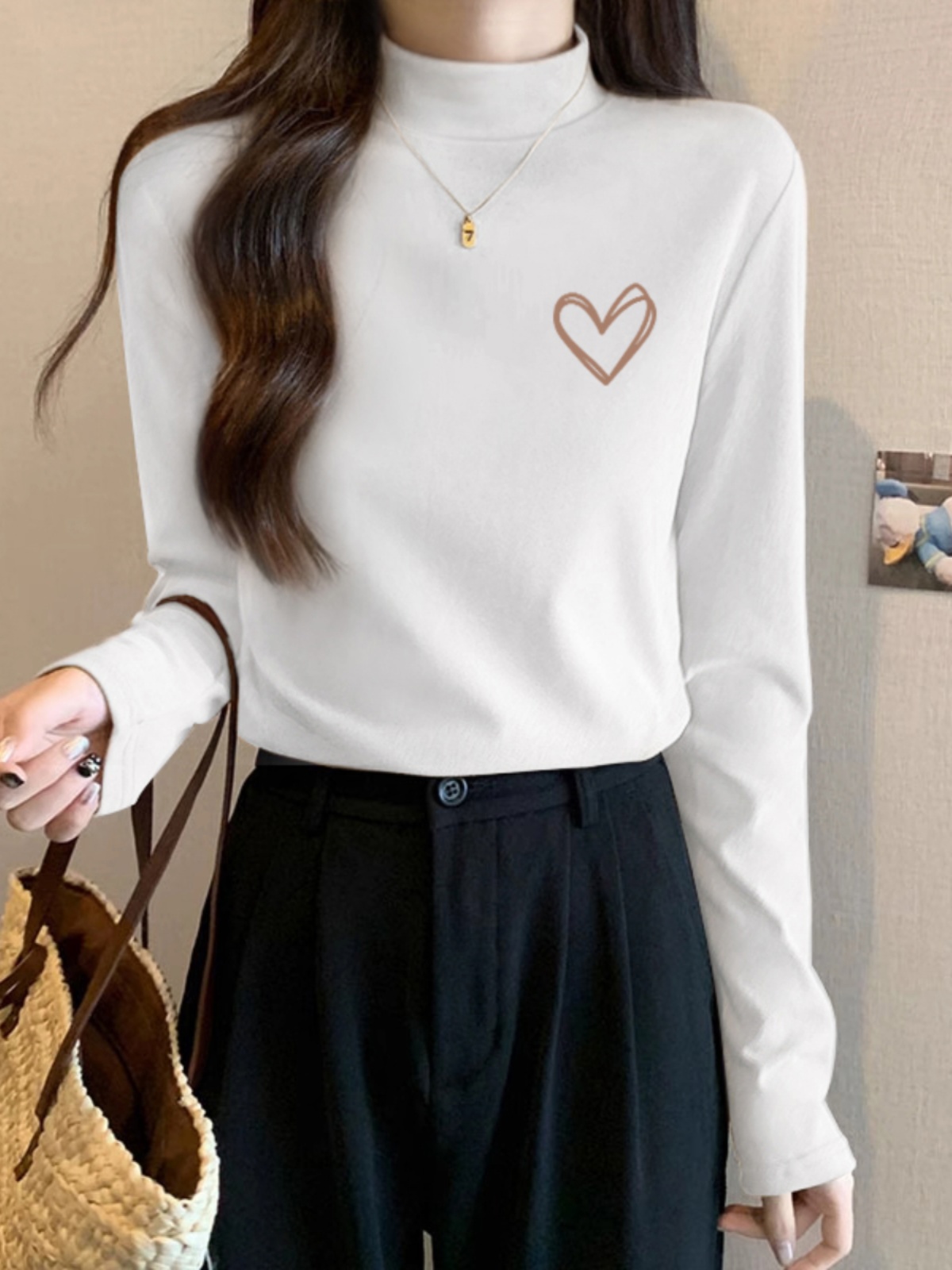 European Station 2025 Fall and Winter New Arrival Silm White Half-High Collar Long Sleeves T-Shirt Women's Inner Wear Cotton Base Shirt Tops