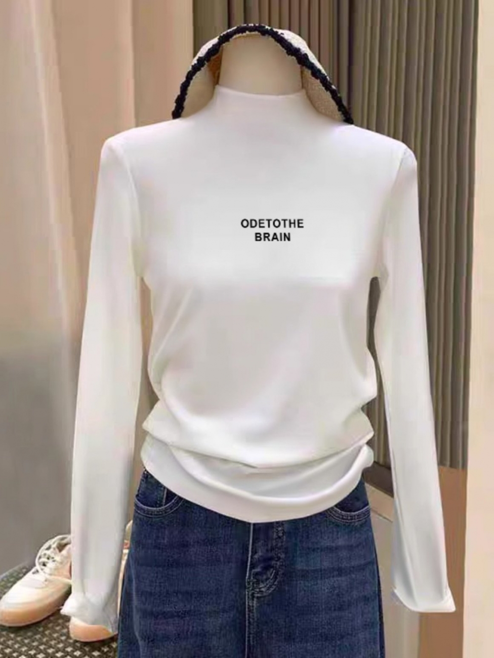 Dralon Half Turtleneck Bottoming Shirt Women's Fall and Winter New Arrival Asymmetrical Short Inner Slim Fit Warm Pleated Waist-Controlled Top