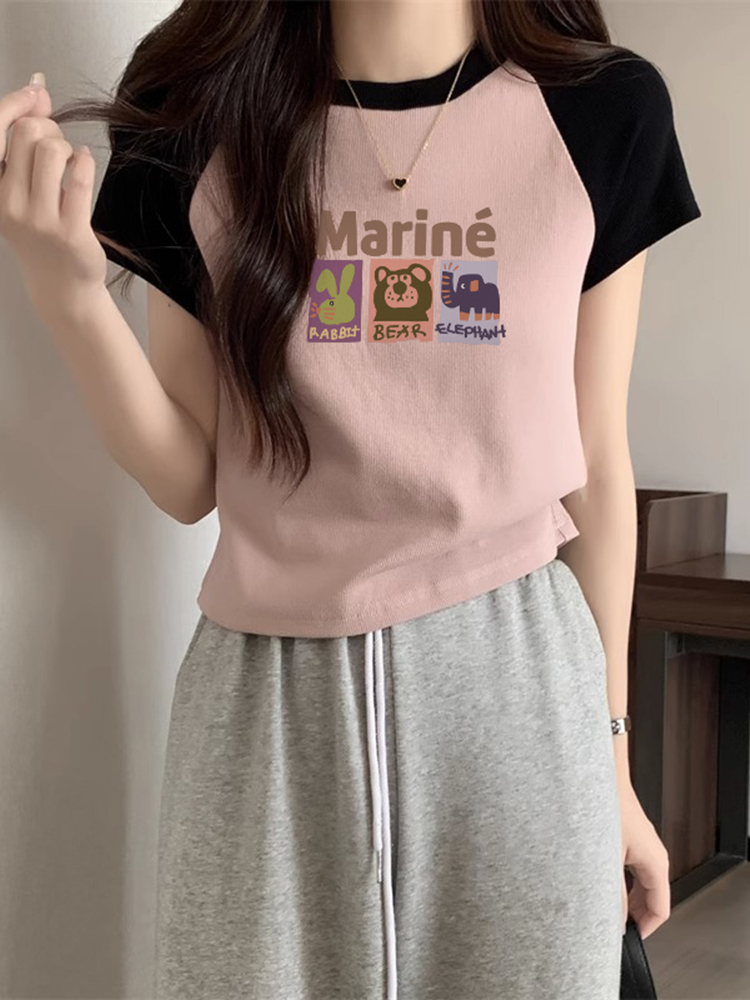 American Short Sleeve T-Shirt Women's Summer 2025 New Arrival Raglan Sleeve Pure Cotton Silm Short Contrast Color Half Sleeve Pink Tops