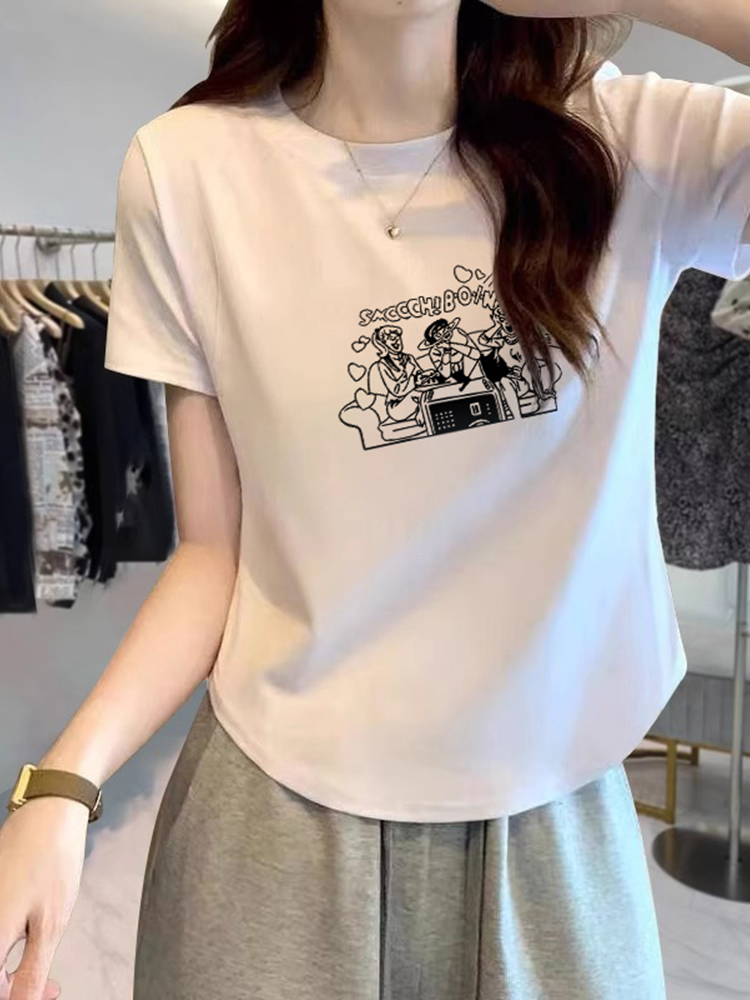 European Station 2025 Summer New Arrival Pure Cotton round Neck Short Sleeve T-Shirt Women's European Goods Loose Short Slimming Easiest for Match Tops