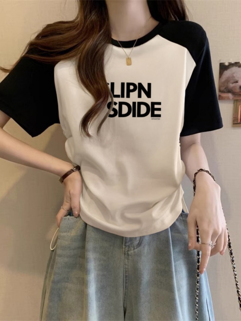 Summer Shoulder Color Matching Pure Cotton Short Sleeve T-Shirt Women 2025 New Arrival Asymmetrical Niche Style Short Slim Fit Slimming Top