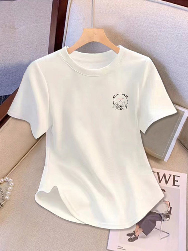 Thirteen Rows Women's Clothing 2025 White Short T-shirt Women's Summer New Arrival Youthful-Looking Loose Slim Looking Short Sleeve Shoulder Tops