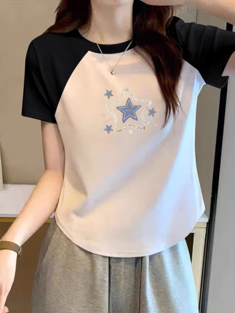 Футболка с коротким рукавом XINGX Print Shoulder для женщин, новинка лета 2025, стройнящая нижняя рубашка из чистого хлопка, стильные короткие топ