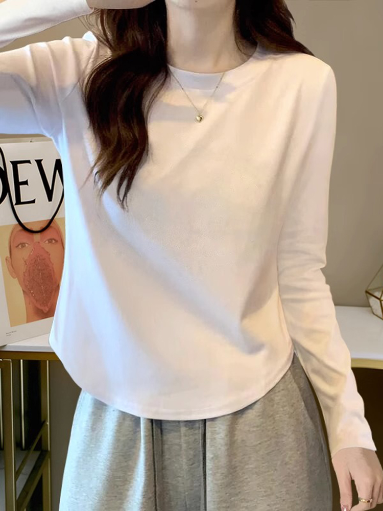Long Sleeves T-shirt Female Autumn Cotton Slim Looking Irregular Design Short Pure White Small Bottoming Shirt Tops