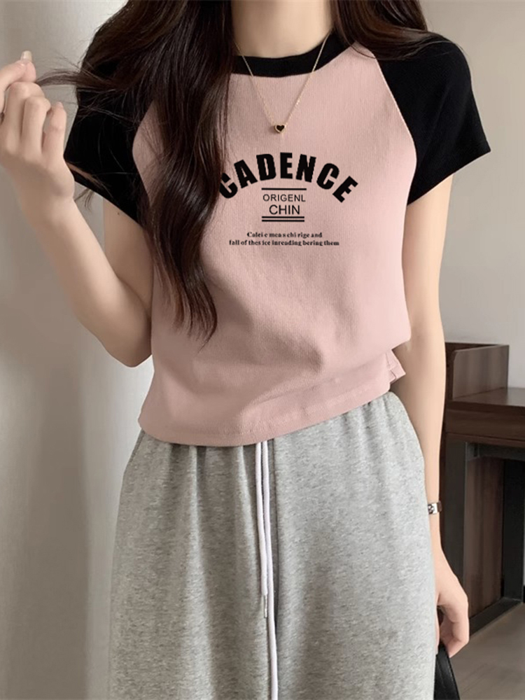 T-shirt in Contrast Color Women's Summer Short Sleeve New Arrival Pure Cotton Loose-Fitting European Fashion T-shirt Short Letters Raglan Tops