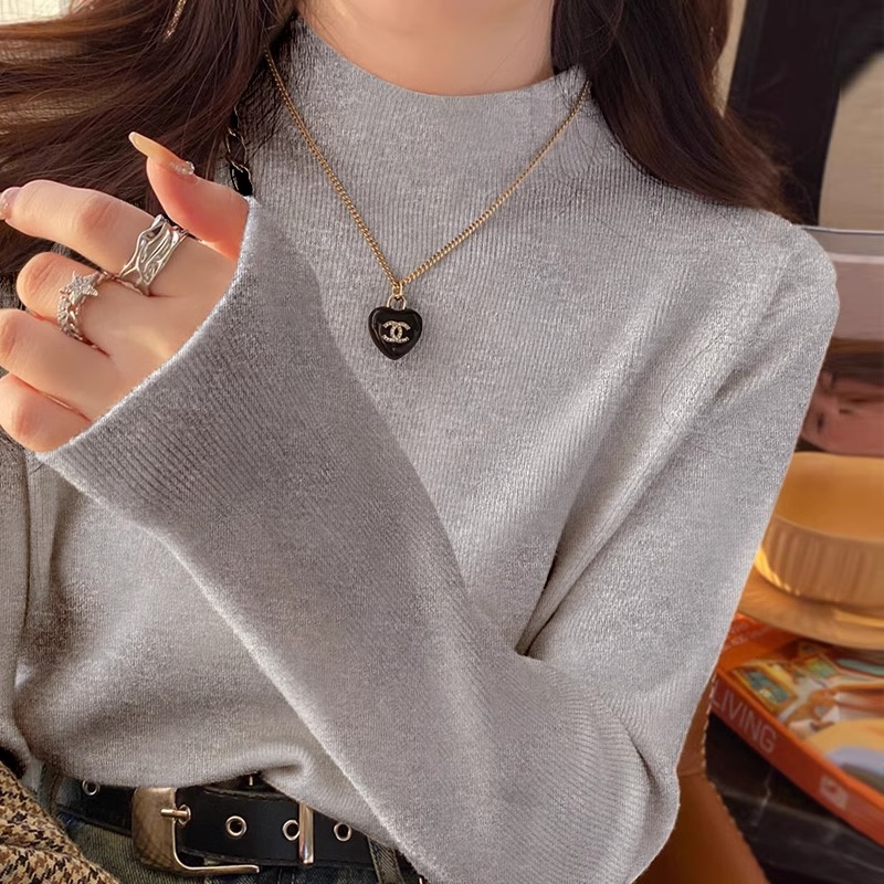 Soft Angora Knit Half-High Collar Base Layer Top for Women - Autumn/Winter Grey Temperament Slim & Warm Inner Wear