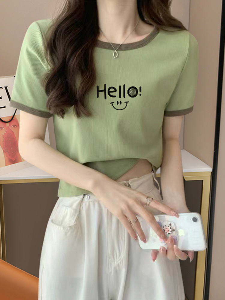 Pure Cotton Short Sleeve Shoulder T-Shirt Women's Summer Stylish Niche Style Silm Short 2025 New Arrival European Goods Smiley Face Tops