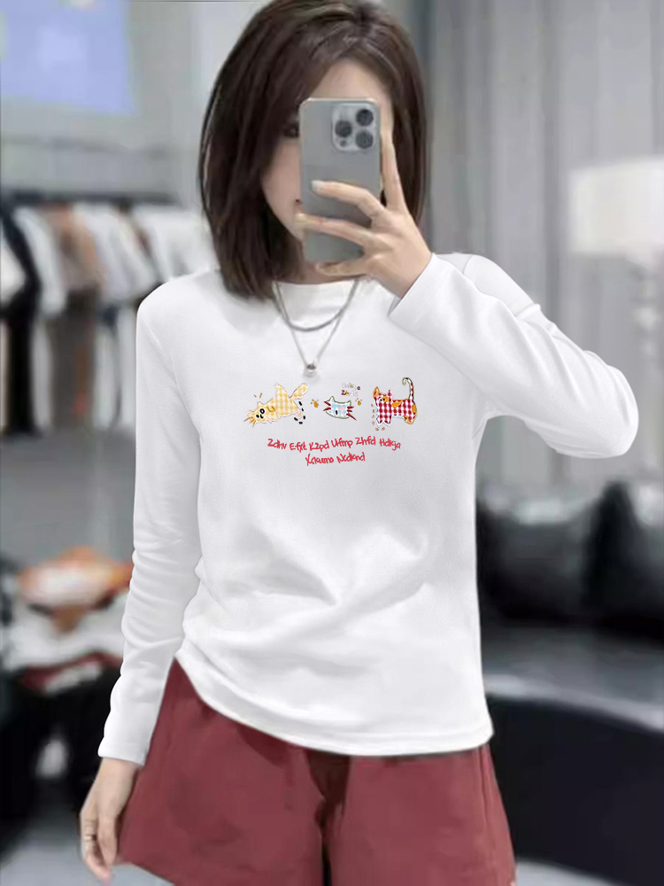 Shoulder Pure Cotton Long Sleeves T-shirt Female Fall and Winter New Arrival Silm Slim Looking Versatile Basic Base Ride Tops Age Reducing