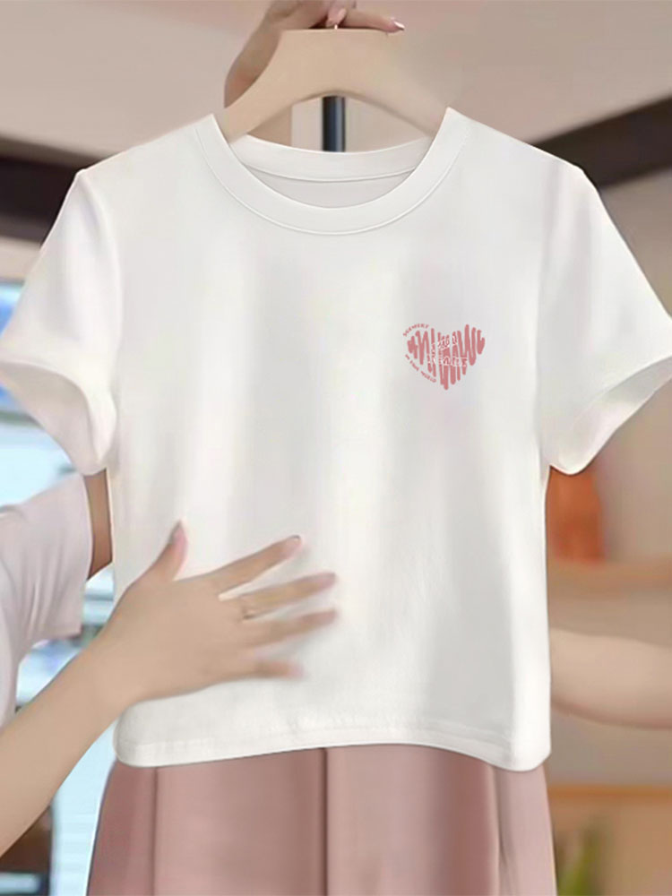 Women's Short Pure Cotton Short Sleeve T-Shirt Women's New Arrival Summer Slimming Heart Printing Tops Ins