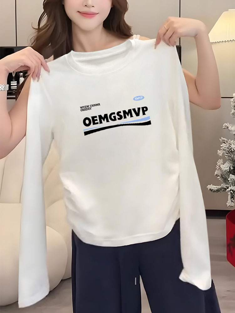 Women's Shoulder Long Sleeves Bottoming T-shirt for Women, 2025 Early Autumn Ruched Waist Trimming Short White Tops